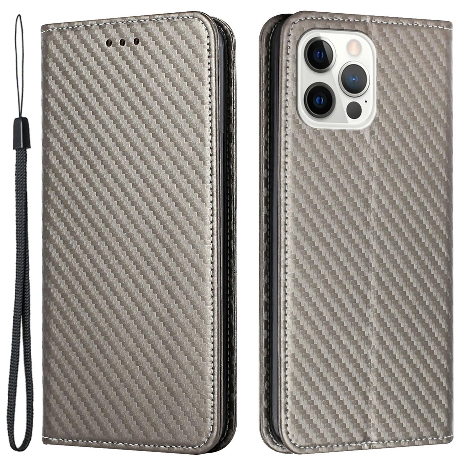 

For iPhone 15 Pro Carbon Fiber Texture PU Leather+TPU Wallet Case Stand Phone Cover Grey