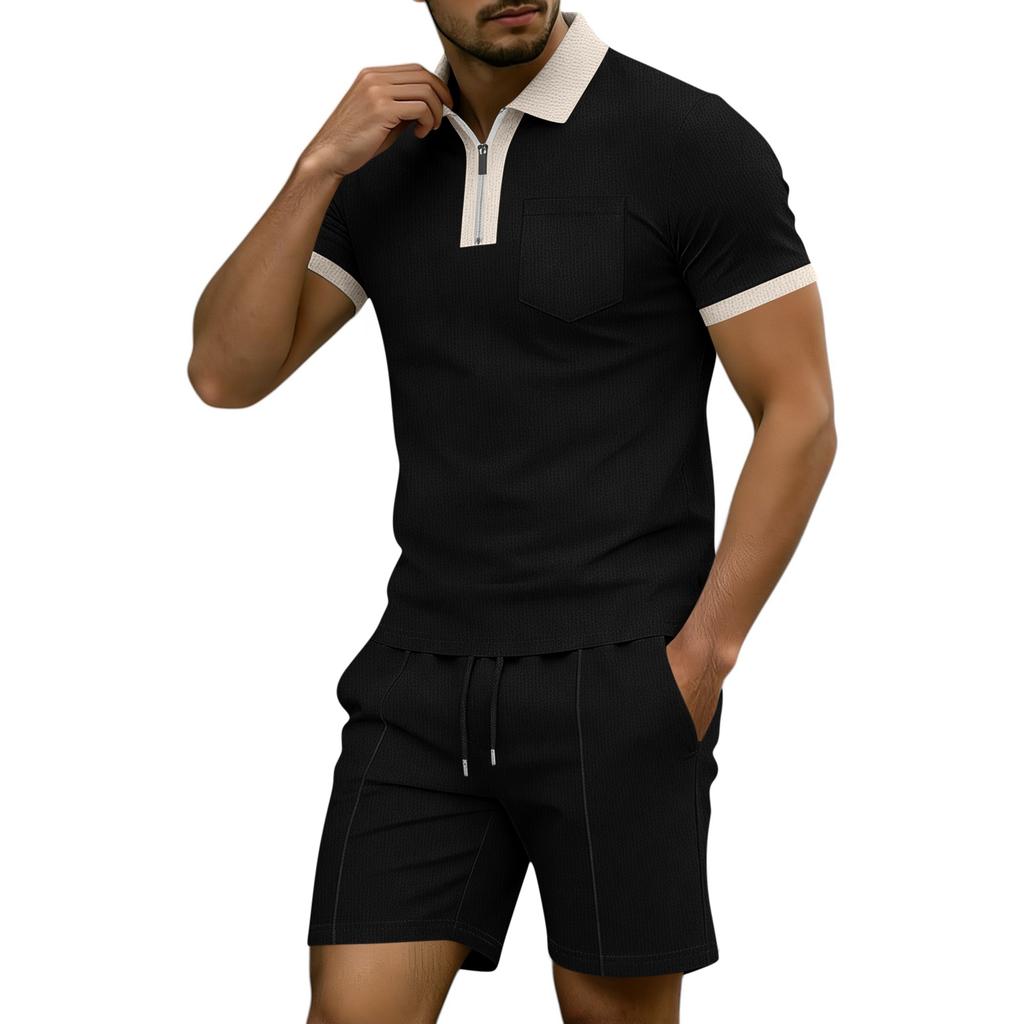 Men's Summer Casual Color-Blocked Shirt With Lapel And Pockets And Half-Zip, Shorts Two-Piece Set