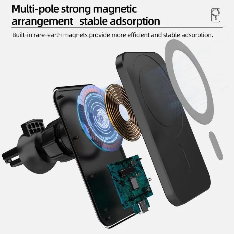 For IPhone Car Charging 15W Magnetic Wireless Charger Magsafe Car Mount Mobile Phone Holder Fast Charging Car Accessory