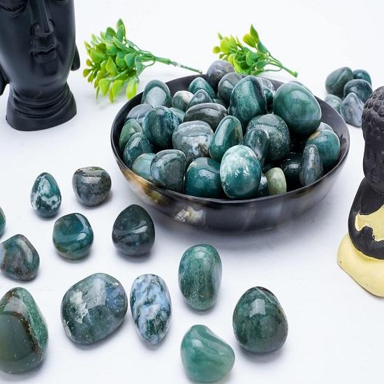 Moss Agate Tumbled Stones Reiki Chakra Healing Decorative Pebbles, Vase Fillers Tumble Stone for Jewellery Gift Item 13 Pieces Set