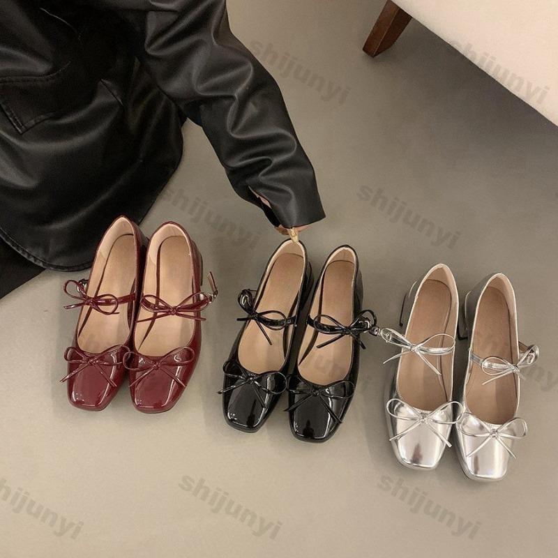 Mode Damen Ballett Mary Jane Schuhe 2025 Sommer Damen Retro Quadratische Zehenpartie Schleife Hohe Absätze Bequeme Lederkleidschuhe Damen Freizeitschuh