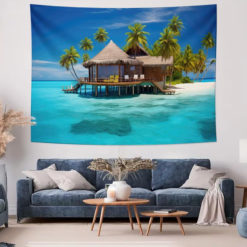Seaside Style Wall Hanging  Tropical Island Landscape Decorative Fabric Tapestry