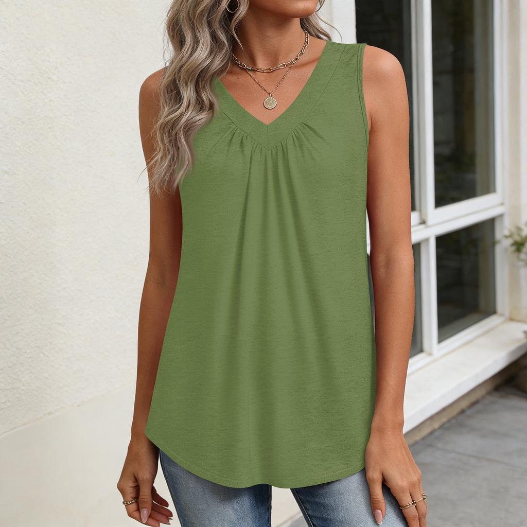 Damskie Top bez rękawów Luźne Top z dekoltem V Plisowane Koszulki Podstawowe T-shirty