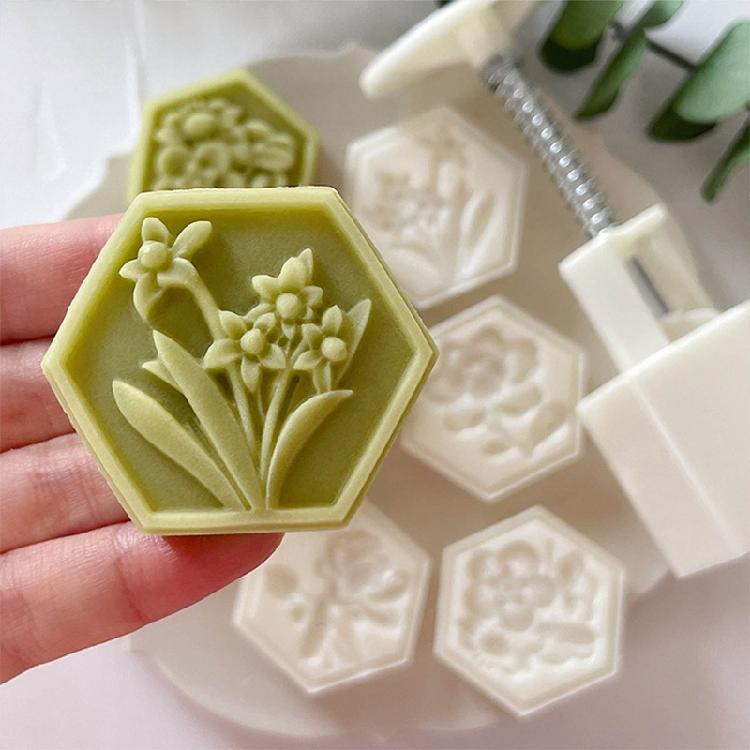 Hand-Pressure Moon Cake Mold Cookie Stamps Hexagon Moon Cake Maker Easy To Use