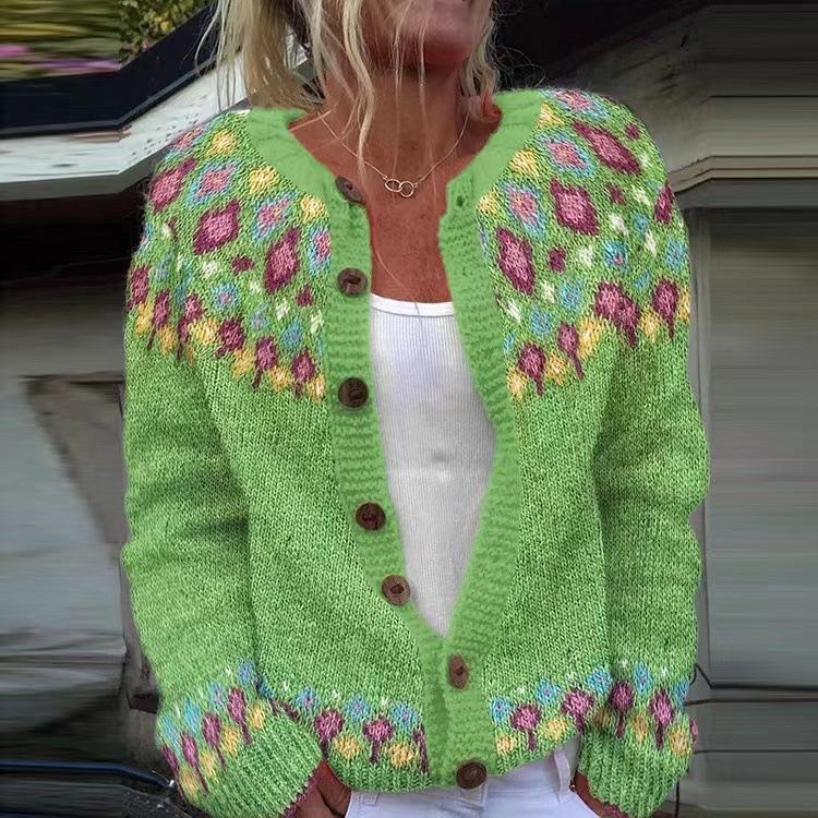 Women's Pink V-Neck Knit Cardigan with Jacquard Floral Pattern