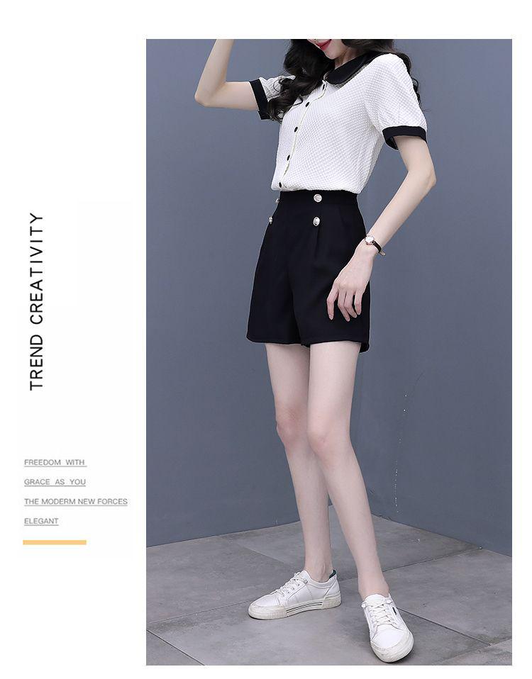 Women's Summer Color Block Doll Collar Two-Piece Set: Short Sleeve Top & Shorts