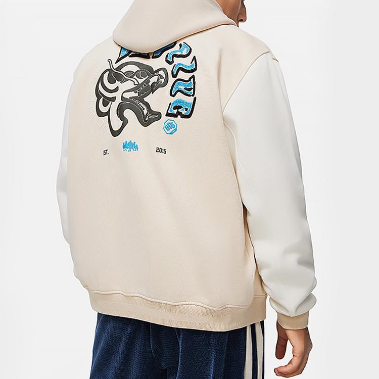 Li Ning Basketball Series American Vintage Letter Print Baseball Collar Fleece Jacket Men Jackets Gravel-Gray AJDU007-4