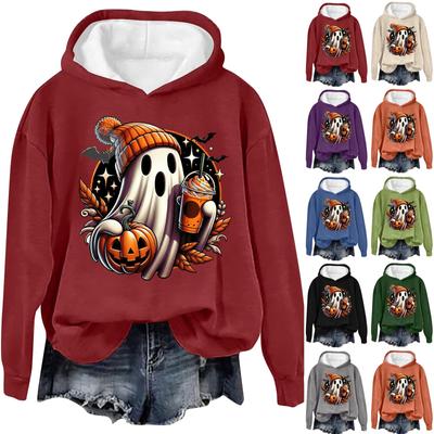 Moletom feminino casual de manga comprida com capuz e estampa de letras de Halloween