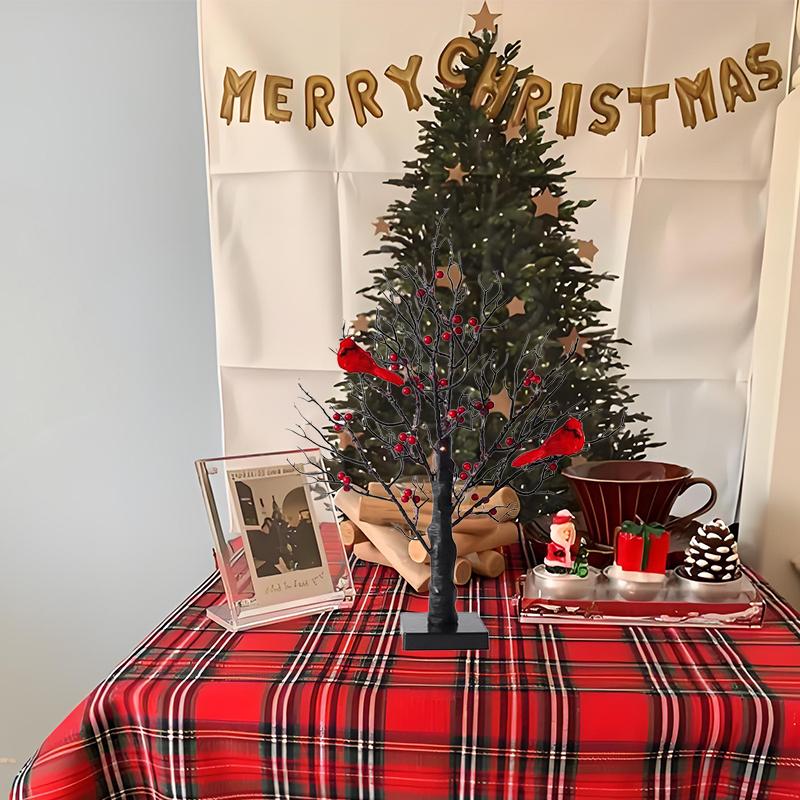 Vintage Glowing Tree With Cardinals, Trees With Cardinals, Little Red Bird Trees Light, Christmas Tree With Berries