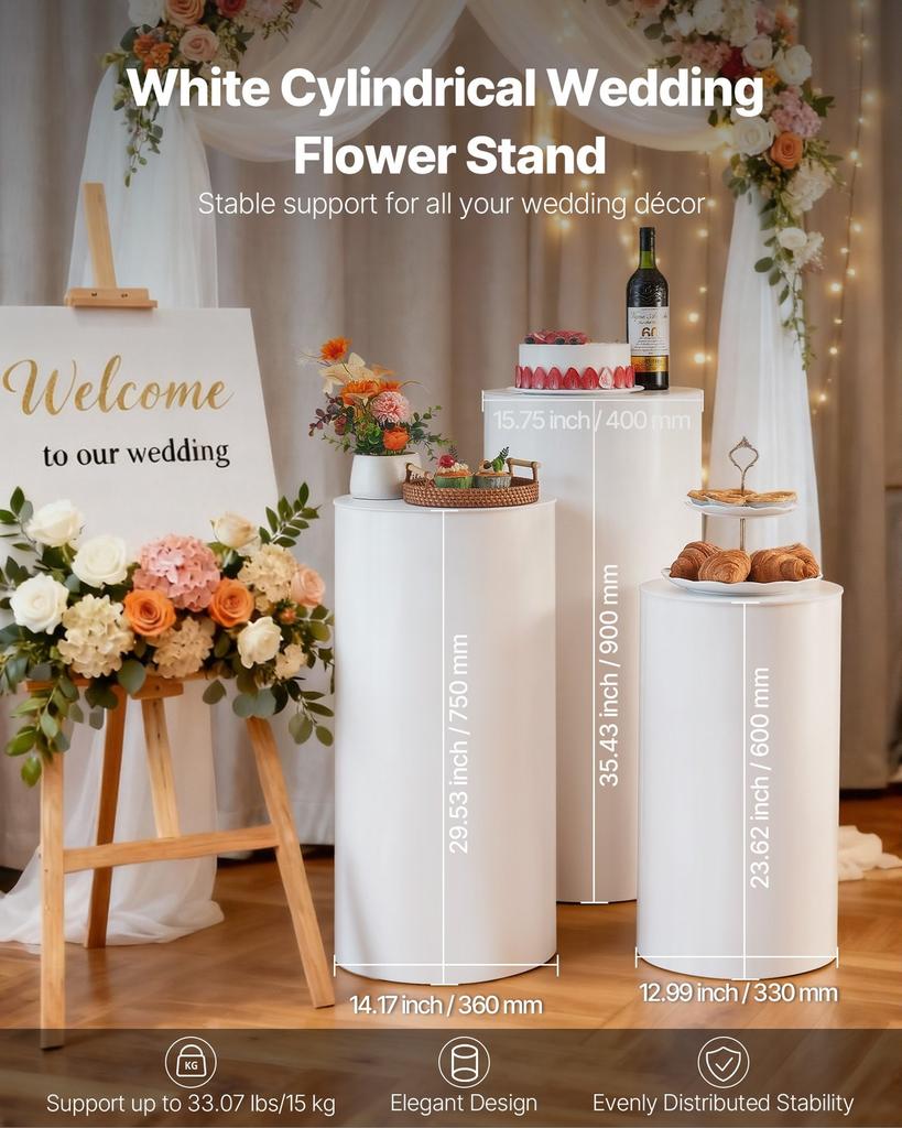 Stojak na kwiaty ślubne, 3 szt. 60/75/90 cm, okrągły cylinder, biały postument ze pokrywą PVC, cylindryczne stojaki pedestalowe na ślub, imprezę,