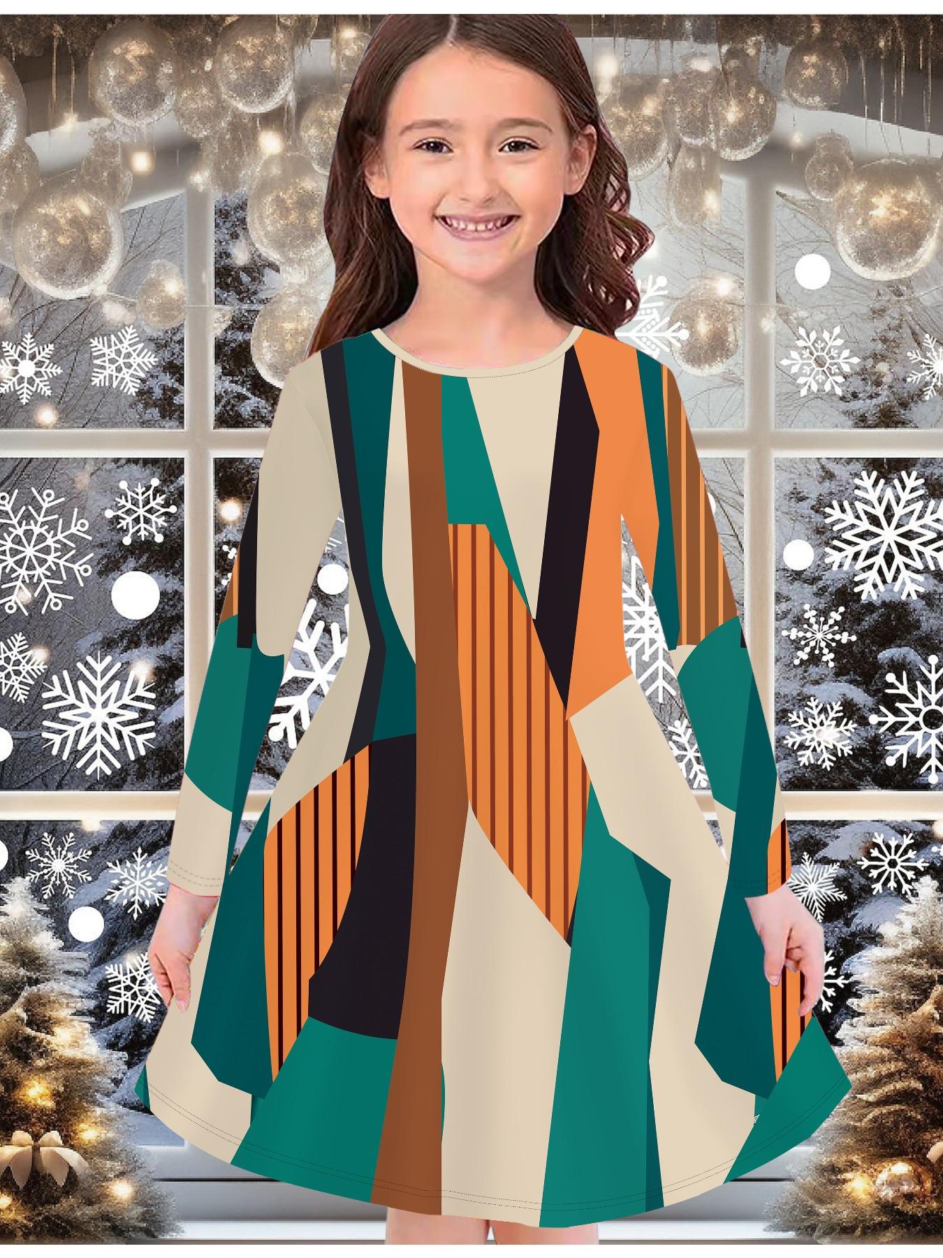

Girls Autumn and Winter Fashion Dress, 3D Vintage Pattern Print Round Neck Long Children s T-shirt Dress, Casual Versatile, Christmas Clothing 170 оранжевый