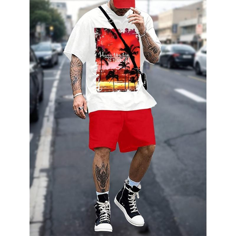 New Summer Men's Outdoor Sports Short Sleeve Breathable Suit Letter Pattern Design Leisure Fashion Street Style Two Piece Set