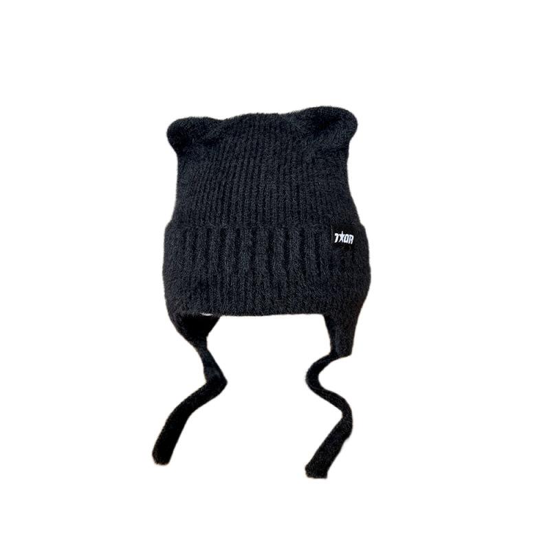 New Women Cute Cat Ear Earflap Winter Hat Fashion Windproof Knitted Hat Kpop Style Soft Beanie Hats Candy Colors Streetwear Cap