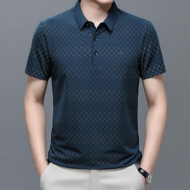 Ice Silk Polo Shirt Men'S Short-Sleeved Thin Summer Dress Business Men'S Loose Lapel Plaid Jacquard Half-Sleeved Top T-Shirt