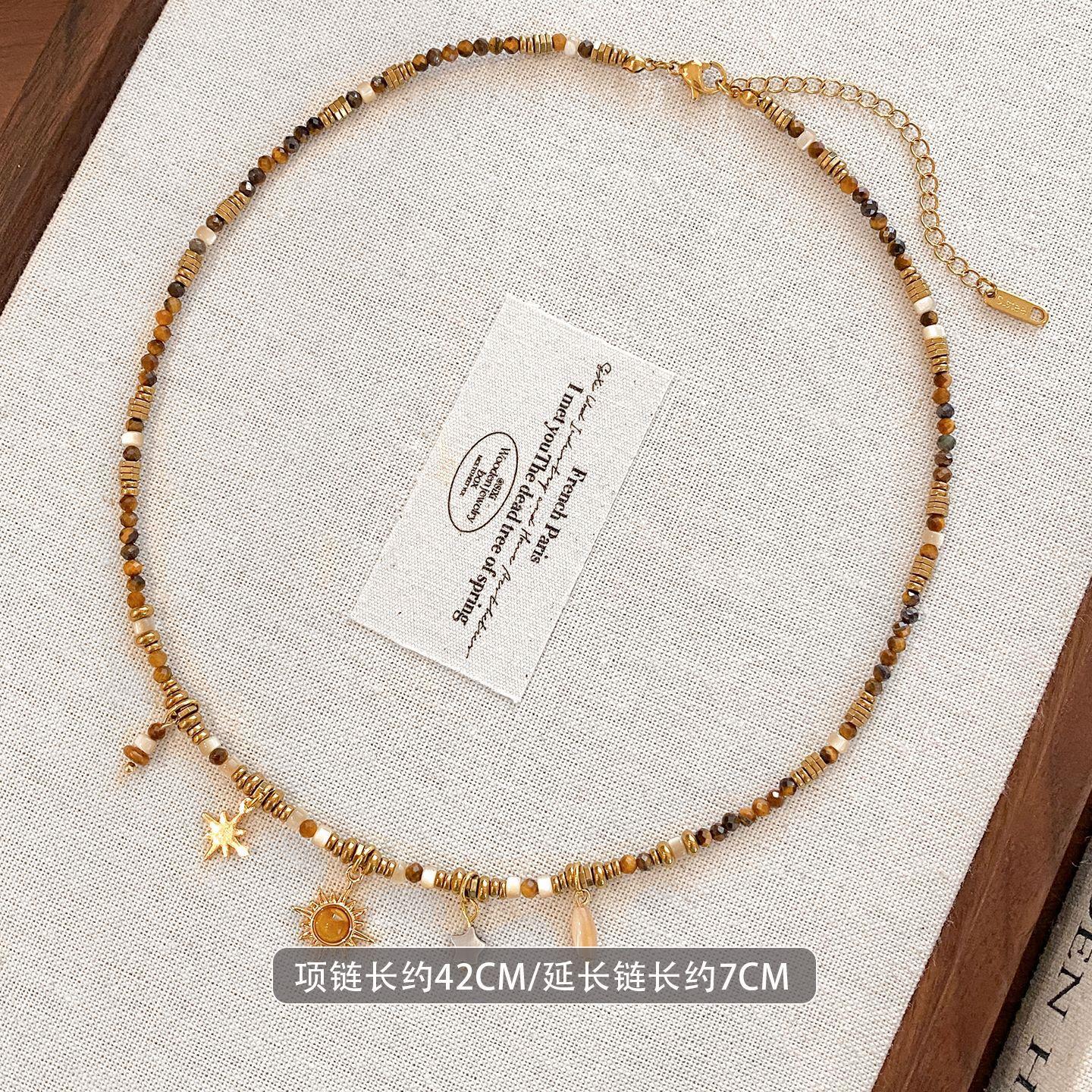 

Ethnic Natural Stone Tiger Eye Beads Shell Sun Star Tassel Pendant Necklaces For Women 18K Gold Plated Titanium Steel Chokers 42cm