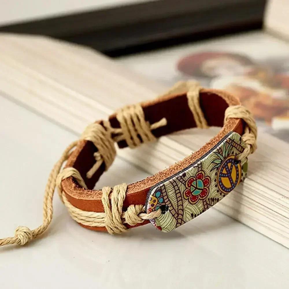 Men Vintage Punk Style Pyrograph Peace Sign Infinity Bangle Bracelet Leather Bracelets Stainless Steel Multilayer Braided Rope