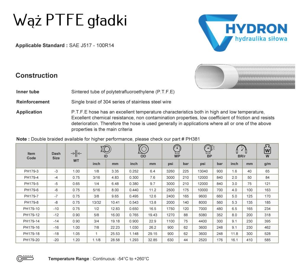 Wąż Ptfe Dn13 Gładki (-60C+260C)161Bar