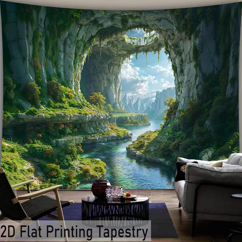 2D Verzauberte Natürliche Höhlenlandschaft Wandteppich, Heim-Hintergrundtuch für Ästhetisches Zimmer