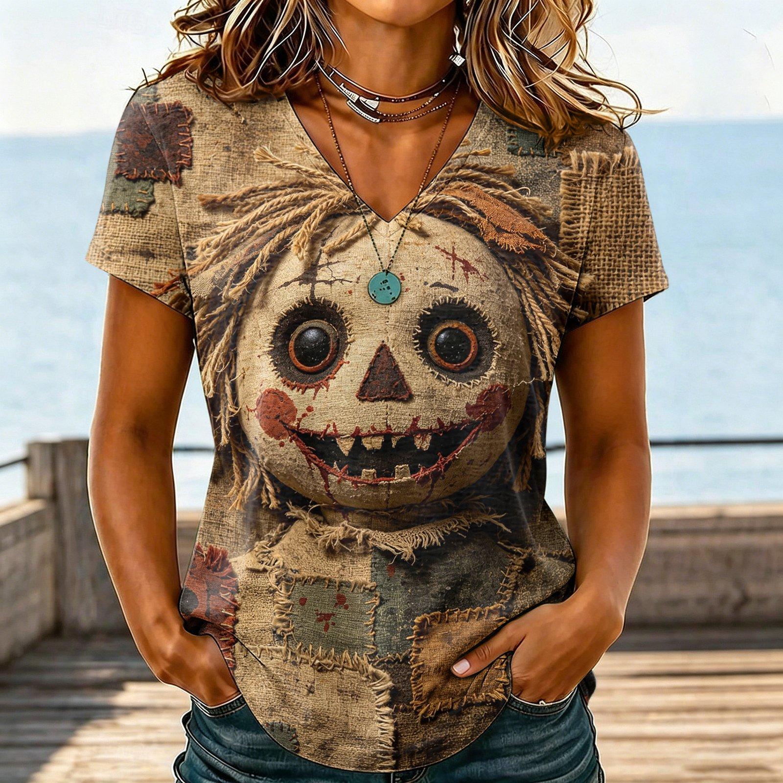 Women s Casual V-Neck T-Shirt with Halloween Print XXL