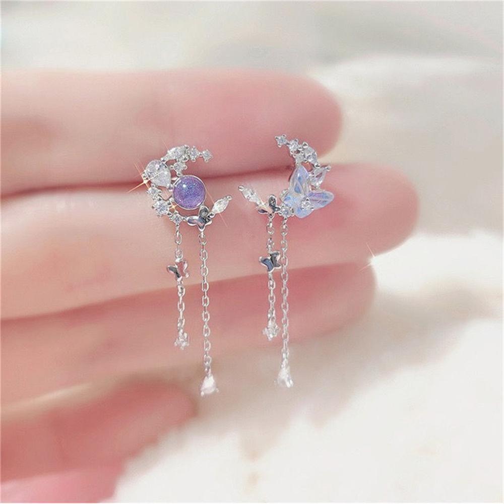 

Exquisite Planet Moon Butterfly Earrings, Sparkling Crystal Asymmetrical Pendant, Party Style Light Luxury Tassel Jewelry