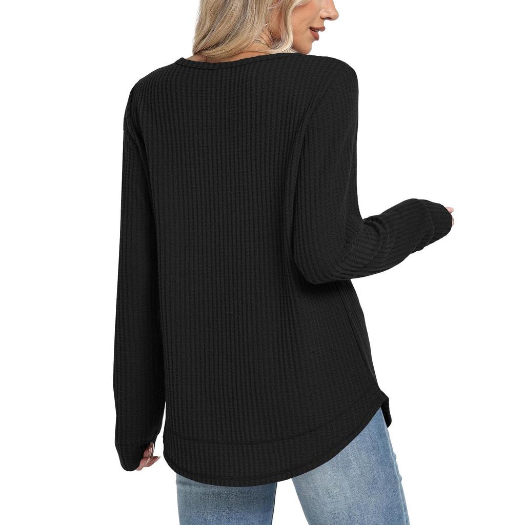 2025 European Style Women's Casual Loose Solid Long Sleeve Waffle Knit Round Neck Top