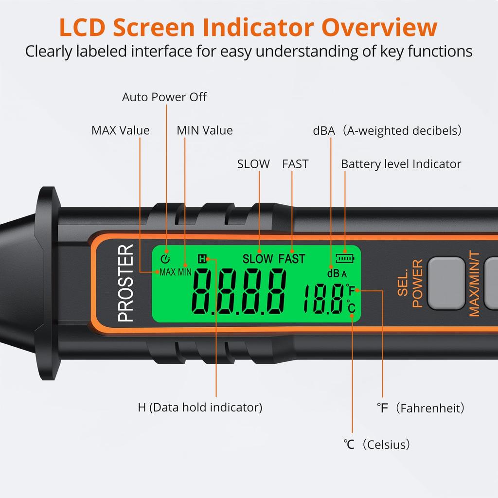 Proster Digital Sound Level Noise and Temperature Fast and Slow Response Data Japanese Instruction Manual Included Meter, 30-130dB/A-Weighted, ±2.0dB
