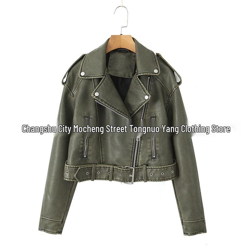 Women's Versatile Retro Leather Motorcycle Jacket - Short, Stylish Spring/Autumn Coat