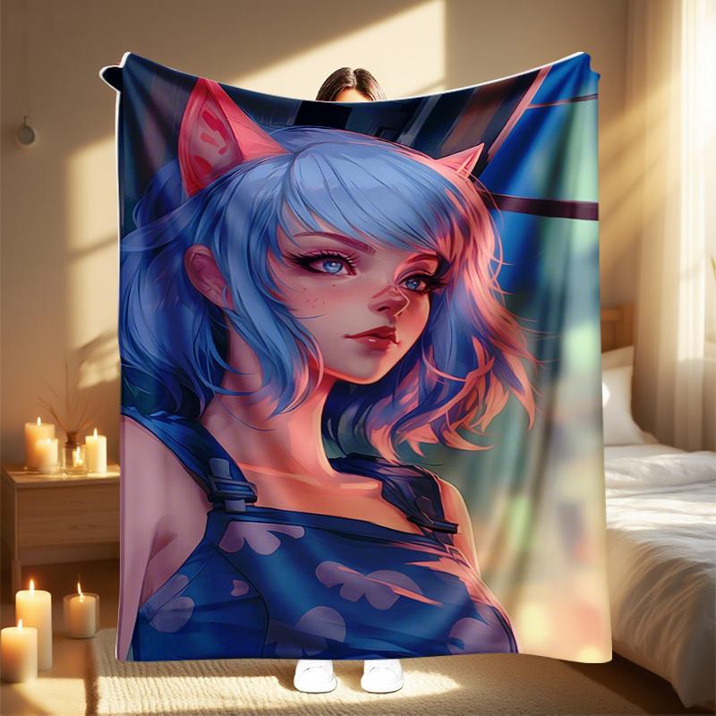 

Anime catear girl pattern Flannel printed blanket suitable for all seasons suitable for living room office sofa and travel 75x100cm