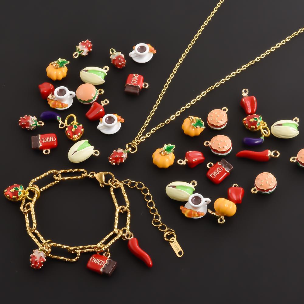 2pcs Colorful Enamel Food Charm Diy Strawberry Chilli Pepper Coffee Metal Pendant Charms For Jewelry Making Necklaces Bracelets