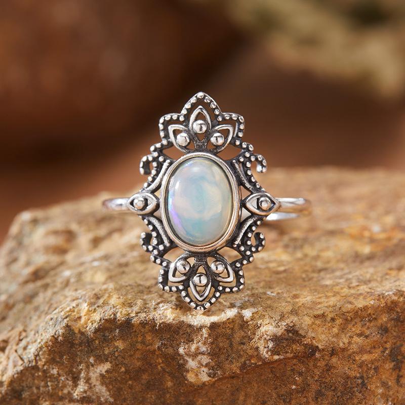 Personalized Retro Thai Silver Natural Colored Treasure Ring Female S925 Sterling Silver Court Pattern Advanced Sense Index Finger Ring
