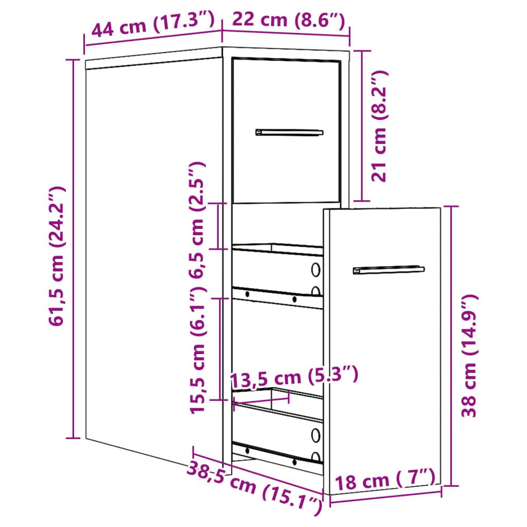 Narrow Bathroom Cabinet with Casters Oak Effect Wood Material