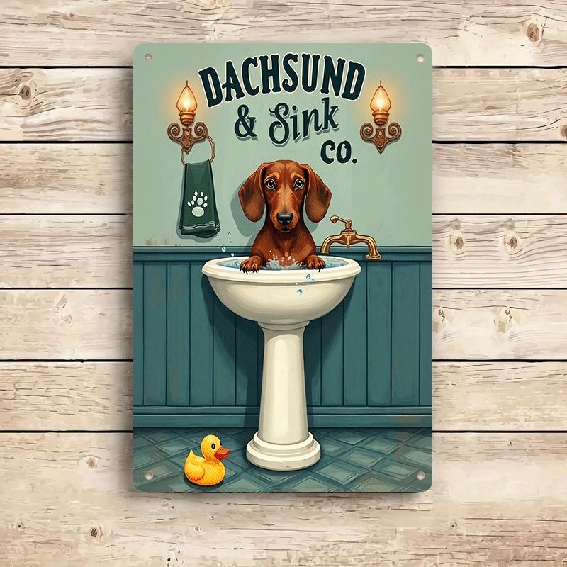 

1 piece. Dachshund and Sink Company Vintage Tin Painting - Cute Dachshund Bathroom Sink Decoration with Little Yellow Duck 8x12 (as the picture,20x30cm)