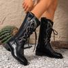 Fashion New retro high-top laced western cowboy boots for women, versatile for export, thick-heeled laced embroidered knight boots