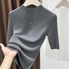 Women's Navy Blue Mid-Sleeve Sweater - Elegant High-End Knit Top with Stand Collar