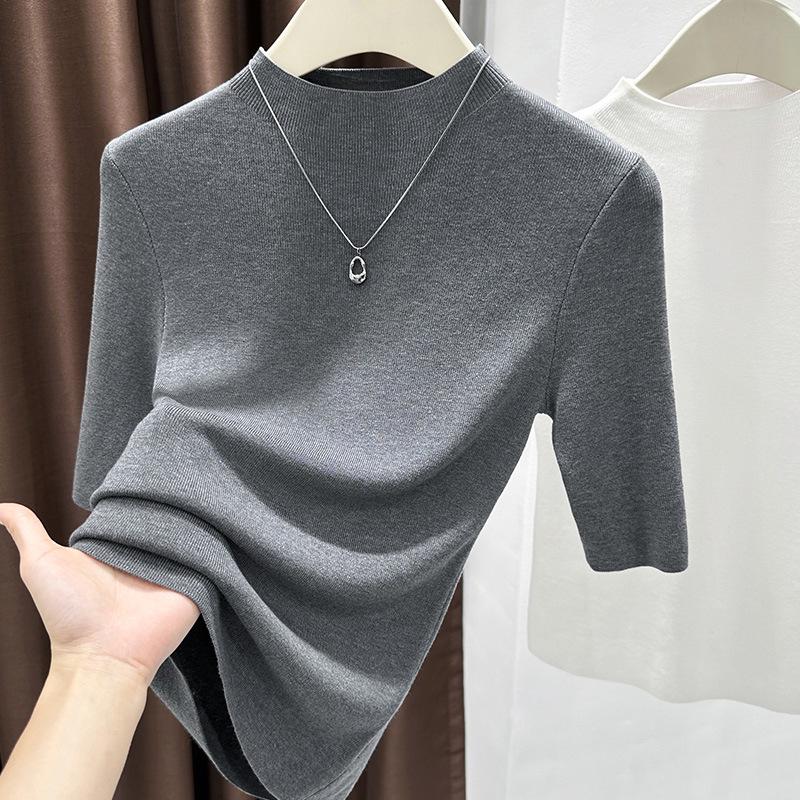 Women's Navy Blue Mid-Sleeve Sweater - Elegant High-End Knit Top with Stand Collar