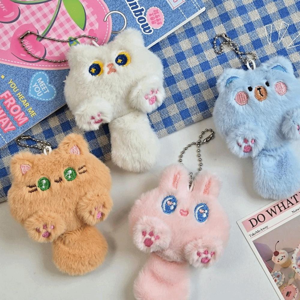Cartoon Cat Plush Keychain Soft Bear Pendant with Tail Fashion Rabbit Doll Keyring  Unisex
