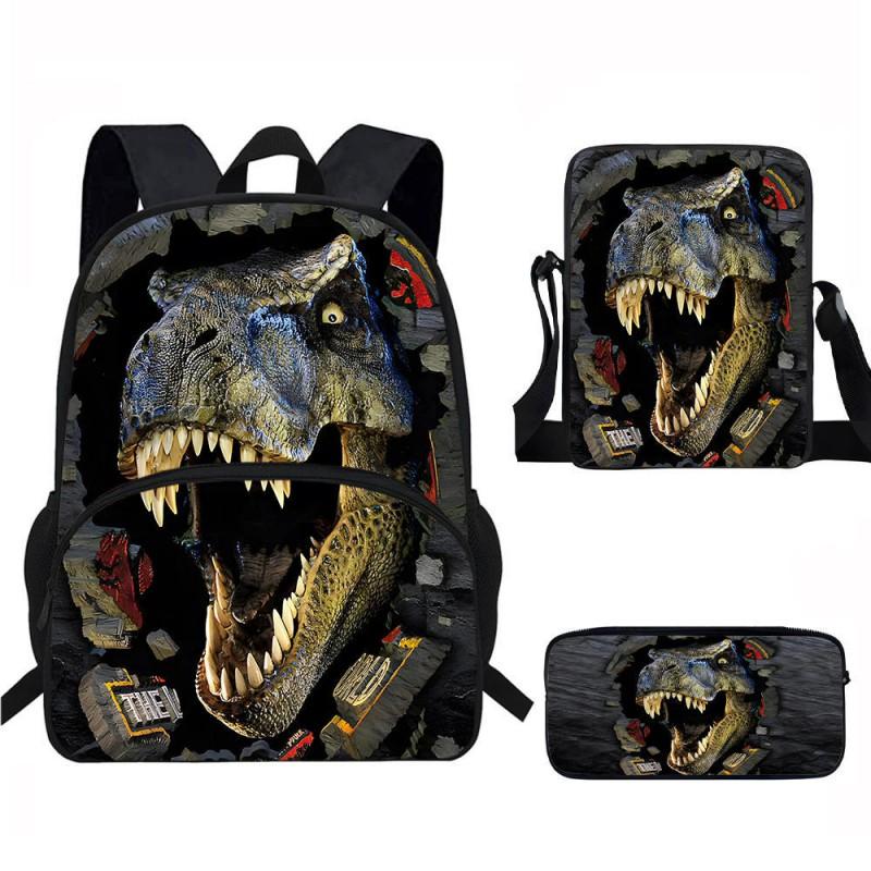 Kids Dinosaur Backpack Set Elementary School Oxford Fabric Ergonomic Back Support Breathable Lightweight 3-Piece Kit