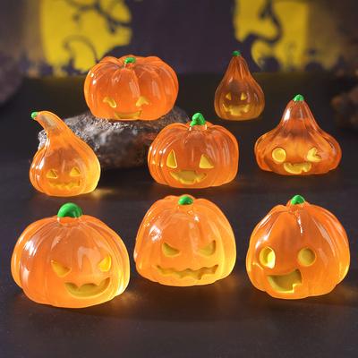 Glow Pumpkin Figurines Mini Halloween Resin Decorations Night Light Terrarium Desktop Ornament DIY Craft Supply