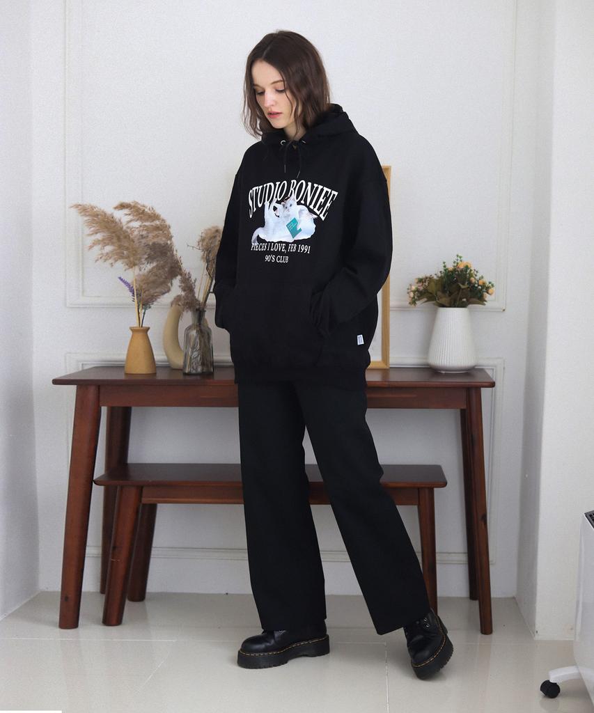 [Fleece Lined Selection] Angel Cat Graphic Oversized Hoodie Black