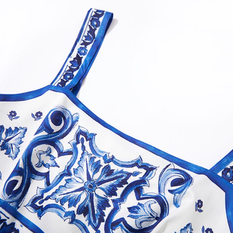 Elegant Porcelain Pattern Two Piece Set Women Flower Print Short Crop Top Pleated Maxi Skirt Suits Female Patchwork Vintage Strap Sets 2024