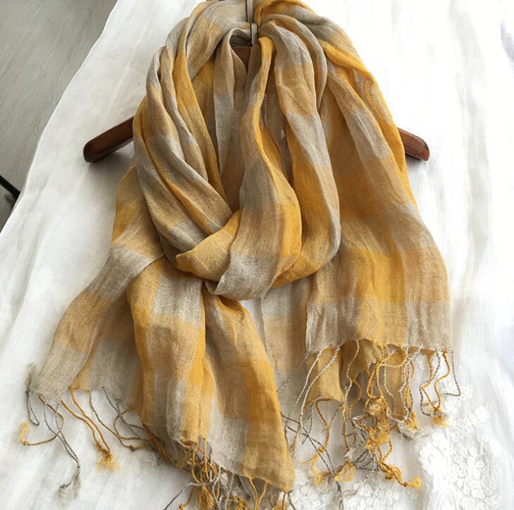 100% Linen Plaid Contrast Tassels Linen Men/Women Yellow Scarves Woman Spring Scarf Pashmina Shawls Wraps Head Scarf Bandanas