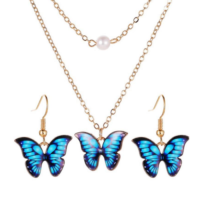 Fashion Choker Chain Pearl Necklace Earrings Sets for Women Jewelry Cute Colorful Butterfly Gold Color Chain Vintage Jewellery
