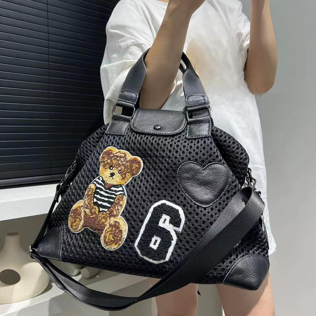 Women'S Mesh Handbag Splicing Cute Bear Casual Versatile Travel Lightweight Shoulder Messenger Bag