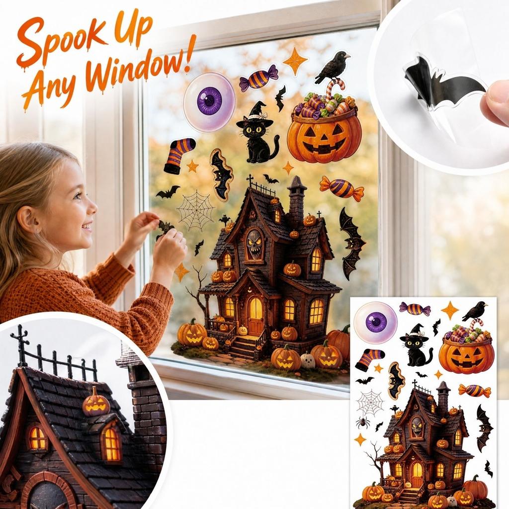 Halloween Window Clings Pumpkin House Static Stickers for Holiday Decor