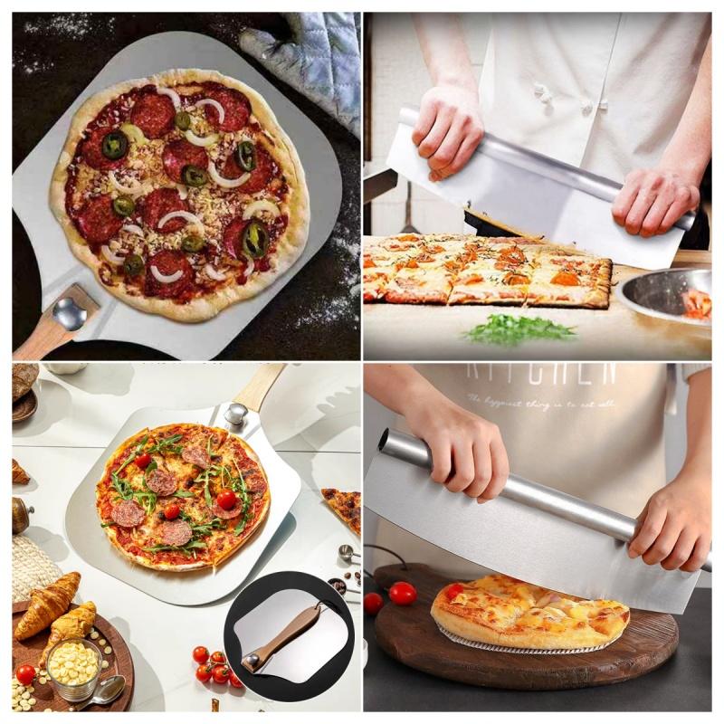 Pizza Shovel Aluminum Pizza Scraper 12inch Metal Pizza Spatula(12"x14") With a Swing Cutter and a Foldable Wooden Handle Suitable for Baking