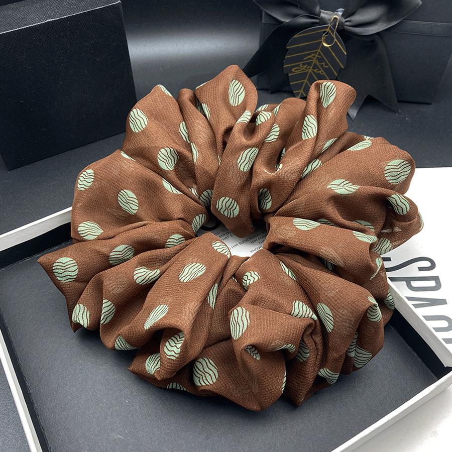 French Retro Polka Dot Chiffon Scrunchie - Large Coffee Color Hair Tie for Women, Elegant Low Ponytail Accessory.