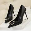Fashion Women's Black Pointed Toe High Heels Stiletto Shoes with Metal Rivets Square Buckle New Leather Work Shoes