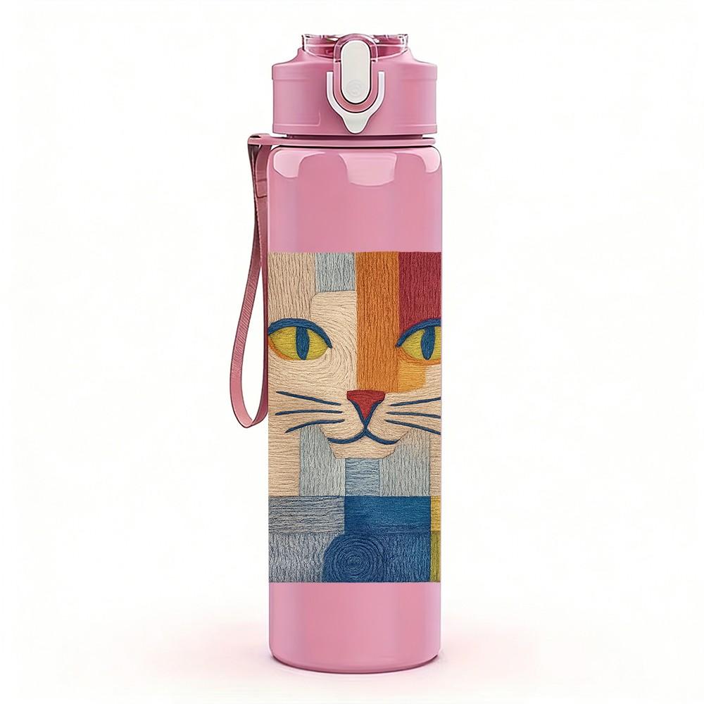 1PC Patchwork Colorful Cat Face Print 750ml Color Plastic Sports Water Bottle Leakproof Flip Straw Lid Suitable for Sports Office Home Use