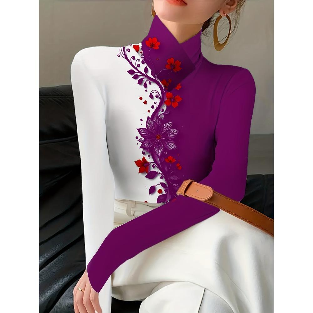 Women's Printed Cheongsam Collar Slim-fitting Long-sleeved T-shirt, Elegant Long-sleeved Bottoming Shirt, Spring and Autumn Women's Clothing