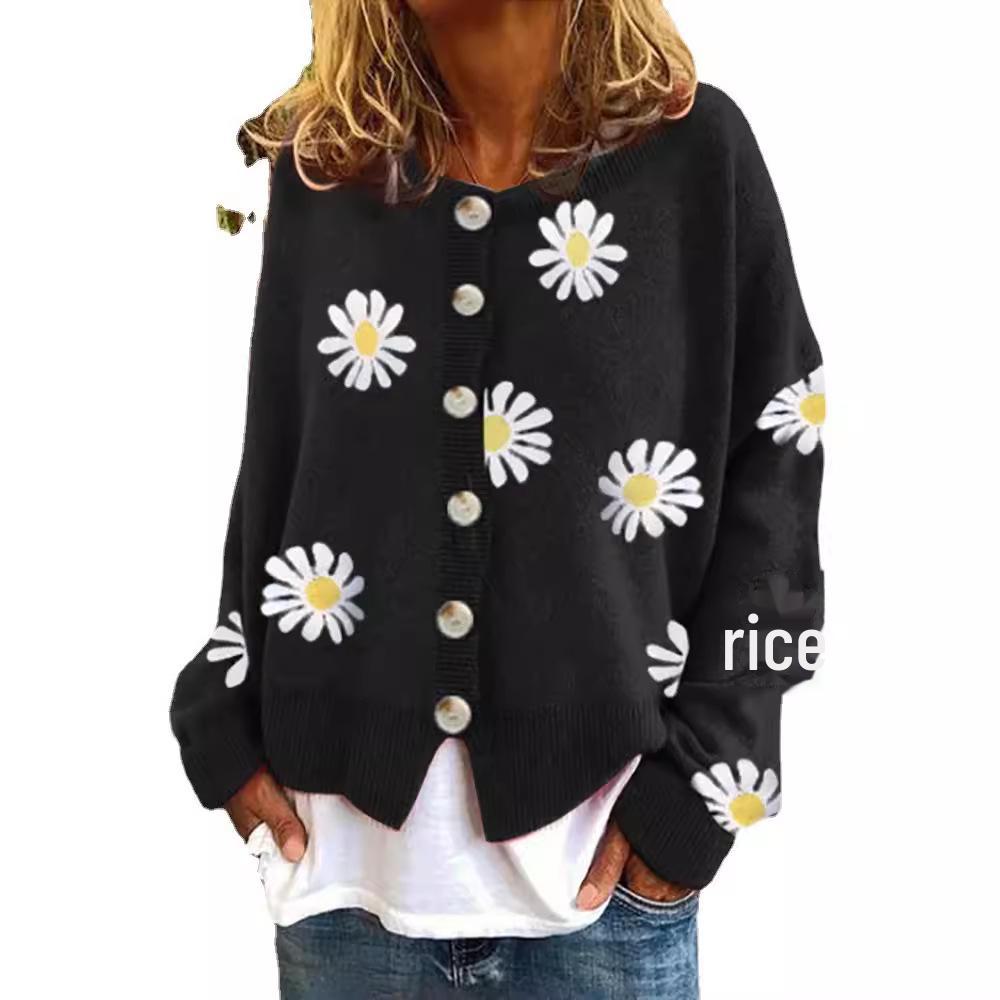 Women's Autumn-Winter Chrysanthemum Embroidered Knitted Cardigan - Casual, Simple, Fashionable, Elegant Sweater